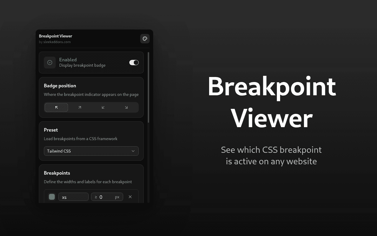 Breakpoint Viewer overlay indicating the current responsive breakpoint