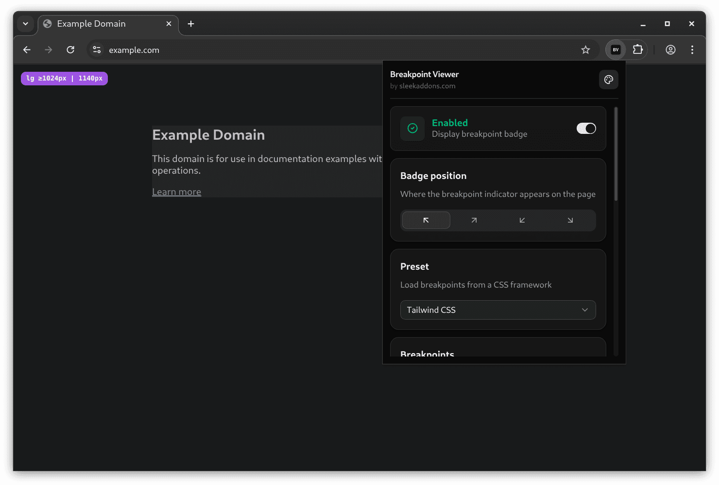 Breakpoint Viewer overlay indicating the current responsive breakpoint
