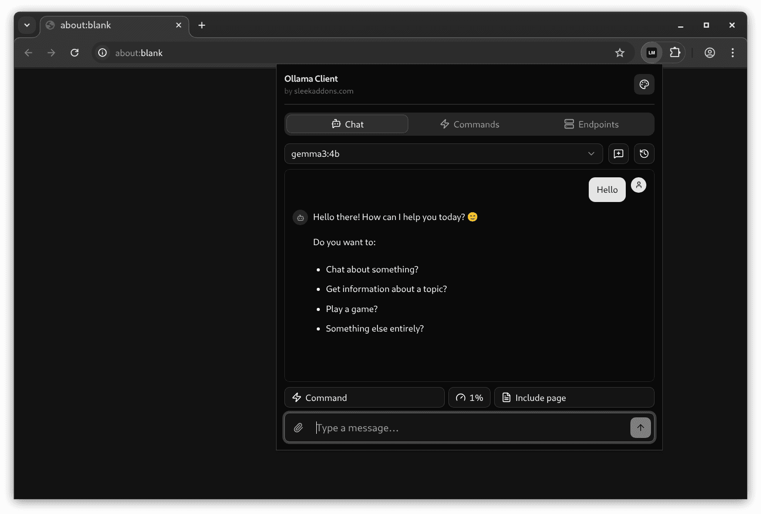 Ollama Client chat interface with a local language model conversation