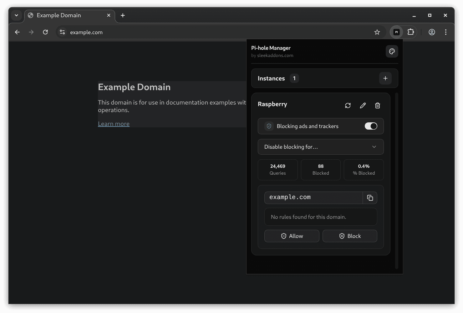 Pi-hole Manager dashboard displaying blocking statistics and controls
