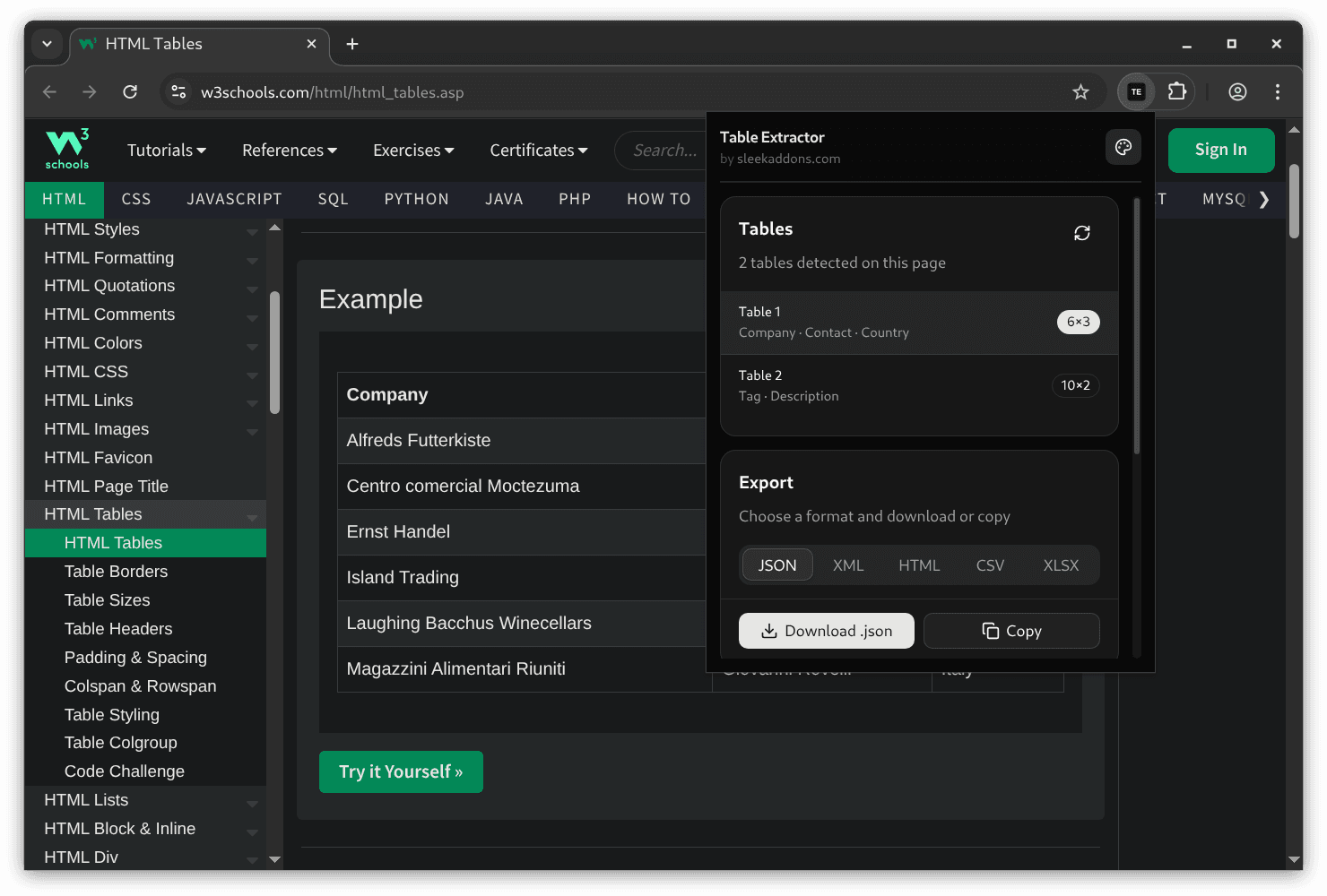 Table Extractor popup showing extracted table data from a webpage