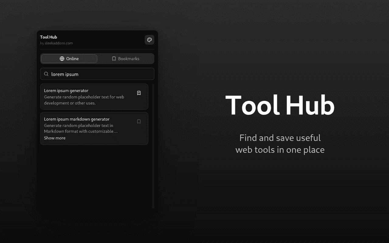 Tool Hub panel showing a collection of quick-access developer utilities