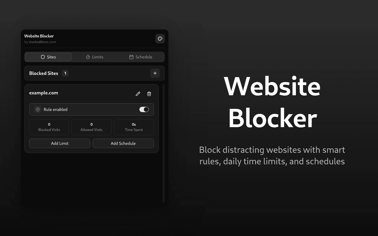 Website Blocker popup showing blocked sites list with time limits and schedules